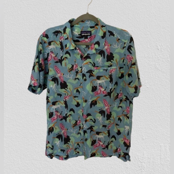 Vtg Rare Patagonia Bird Heron Crane Hawaiian Shirt Blue/Pink 80s Sz M